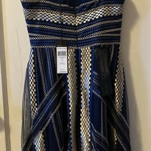 BCBG Metallic Navy Gold Handkerchief Dress Size 2 - Picture 6 of 10